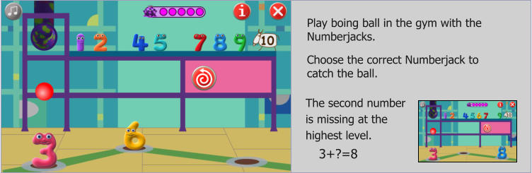 Play boing ball in the gym with the Numberjacks.   Choose the correct Numberjack to catch the ball. The second number is missing at the  highest level.    3+?=8