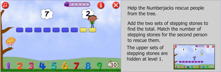 Help the Numberjacks rescue people from the tree.  Add the two sets of stepping stones to find the total. Match the number of stepping stones for the second person to rescue them.    The upper sets of stepping stones are hidden at level 1.