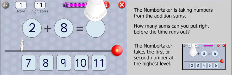 The Numbertaker is taking numbers from the addition sums.  How many sums can you put right before the time runs out? The Numbertaker takes the first or second number at the highest level.