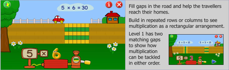 Fill gaps in the road and help the travellers reach their homes.   Build in repeated rows or columns to see multiplication as a rectangular arrangement. Level 1 has two matching gaps to show how multiplication can be tackled in either order.