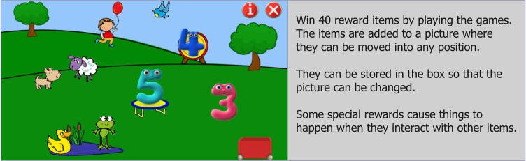 Win 40 reward items by playing the games. The items are added to a picture where they can be moved into any position.  They can be stored in the box so that the picture can be changed.  Some special rewards cause things to happen when they interact with other items.