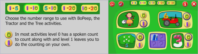 Choose the number range to use with BoPeep, the Tractor and the Tree activities. In most activities level 0 has a spoken count to count along with and level 1 leaves you to do the counting on your own.