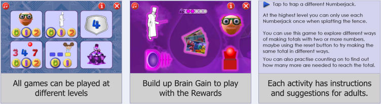 Build up Brain Gain to play with the Rewards All games can be played at different levels Each activity has instructions and suggestions for adults.