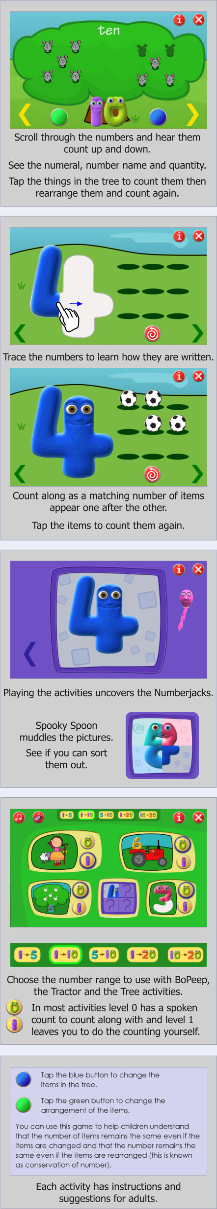Scroll through the numbers and hear them count up and down.   See the numeral, number name and quantity.  Tap the things in the tree to count them then rearrange them and count again. Trace the numbers to learn how they are written. Count along as a matching number of items appear one after the other.  Tap the items to count them again. Playing the activities uncovers the Numberjacks. Spooky Spoon muddles the pictures.   See if you can sort  them out. Choose the number range to use with BoPeep, the Tractor and the Tree activities. In most activities level 0 has a spoken count to count along with and level 1 leaves you to do the counting yourself. Each activity has instructions and suggestions for adults.